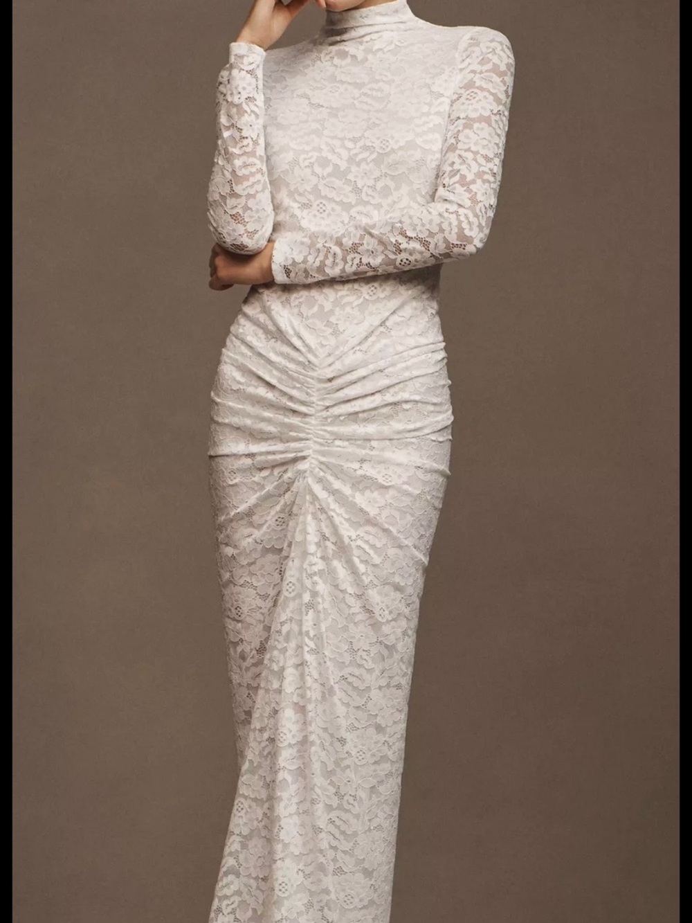 Ronny Kobo Collection  The Scorpion Cream Lace Long-Sleeve Ruched Gown
